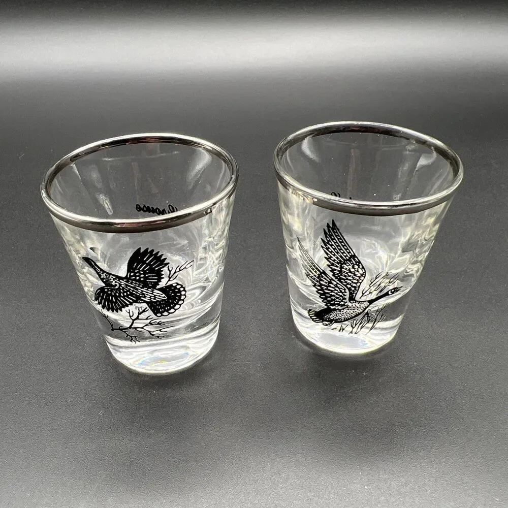 2 MCM wild bird Silver Trimmed shot glasses Goose Canadian Goose Vintage